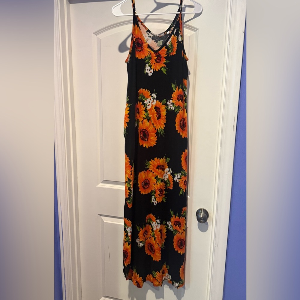 Sunflower Print Black Dress